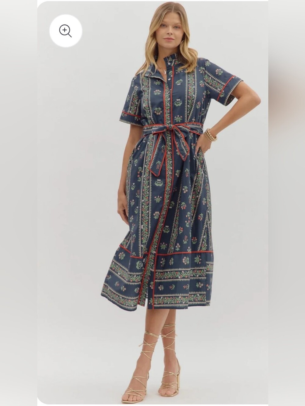 entro Navy Floral-Print Midi Shirt Dress with Belt